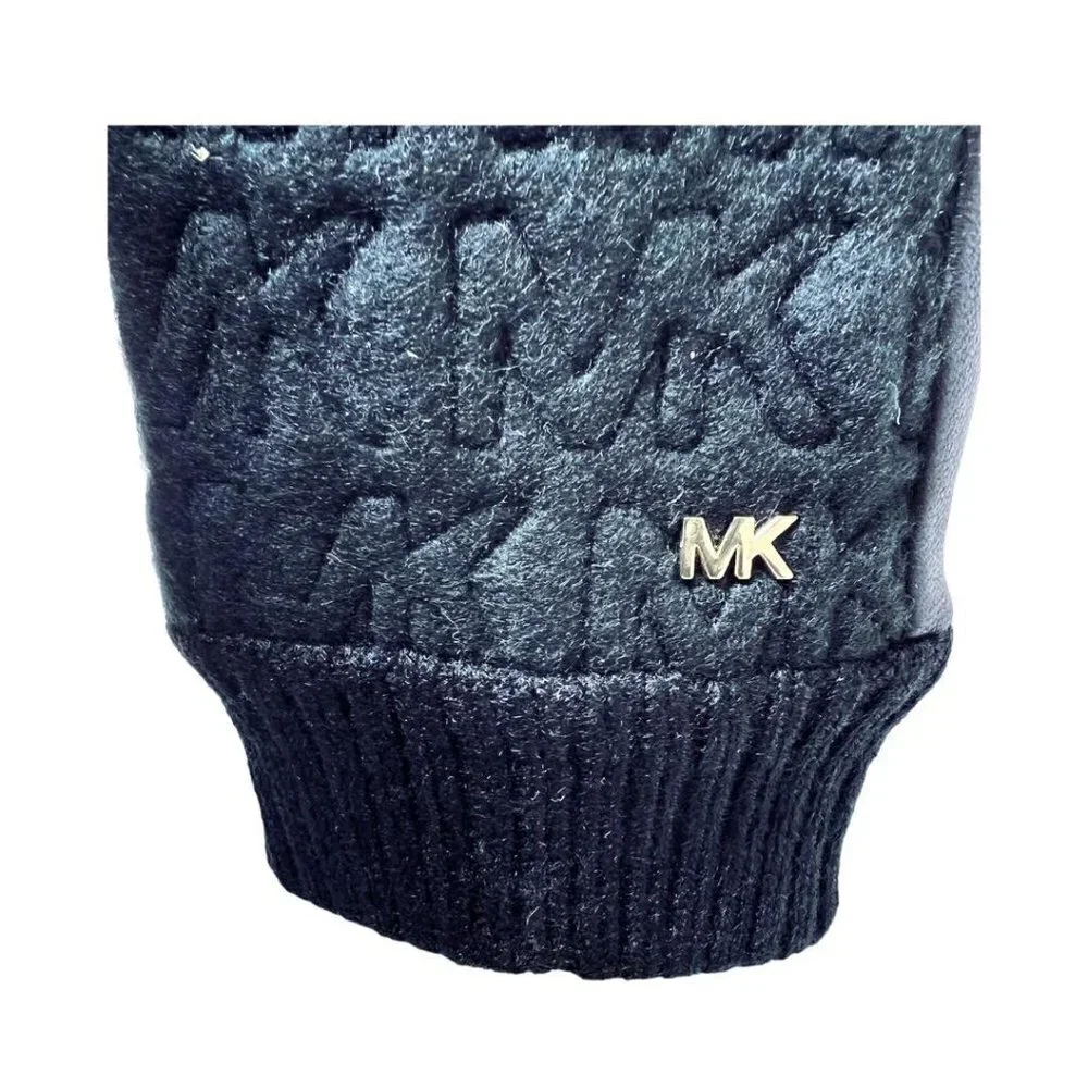 Michael Kors Logo Womens Black Quilted Knit Leather Trim Gloves Sz M New